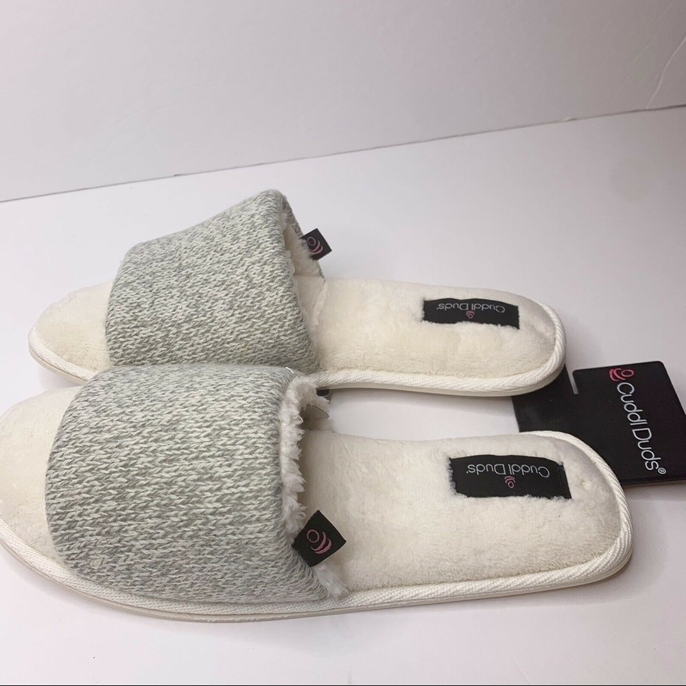 Cuddl Duds Rib Twist Slides Gray Knit White Velour Slippers Ivory NEW